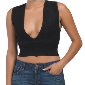 House of Harlow 1960 Deep V Black Ribbed Tank Top